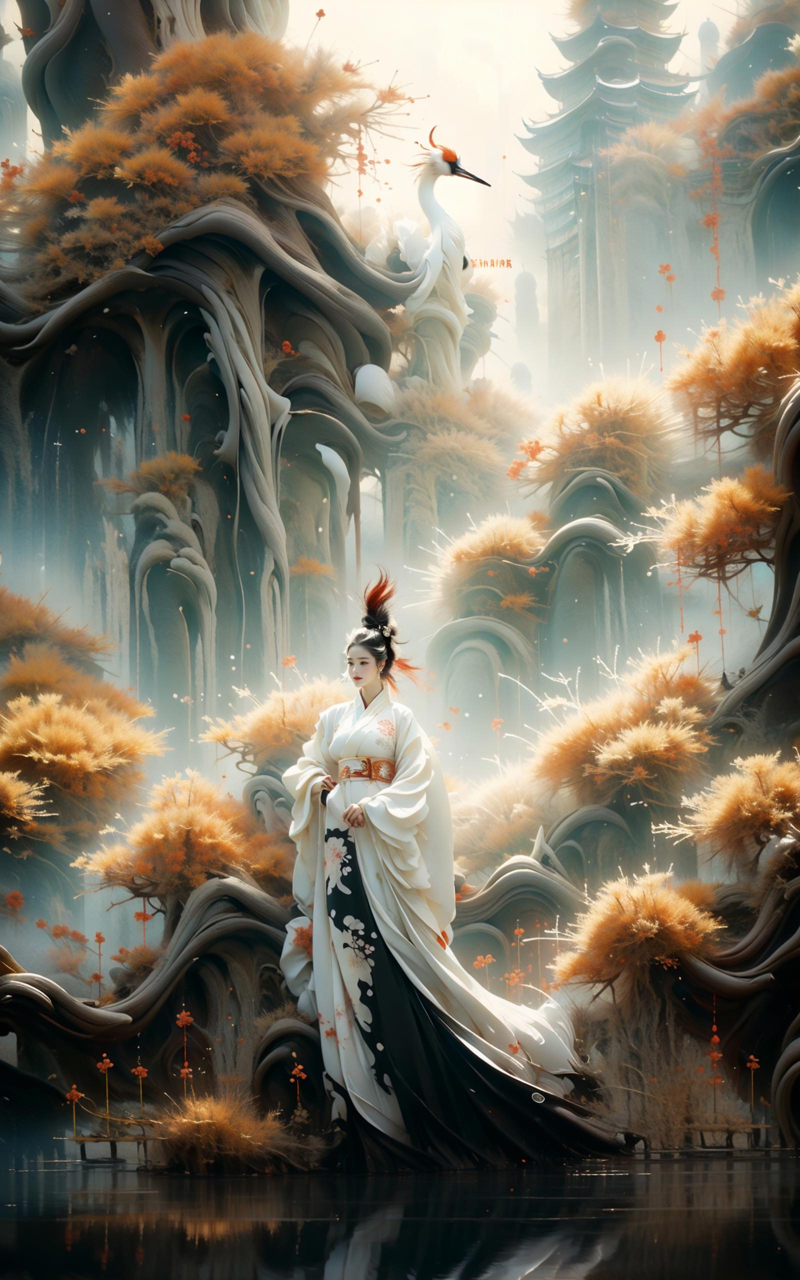Anime-style woman in a white dress with a red fan standing in a forest of strange, gnarly trees.