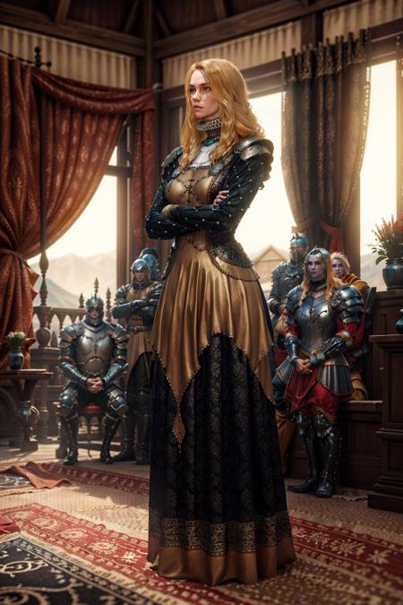 (masterpiece, best quality:1.2), <lora:vivienne-18:0.7>, vivienneW3_soul3142, 1girl, long hair, blonde hair,  crossed arms, standing, multiple boys, indoors, cape, armor, curtains, full armor, throne