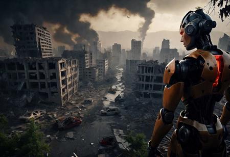 (((((Photorealistic))))), best quality, masterpiece, ultra high res, 8k quality, beautiful landscape, dark effect, focus landscape, detailed nature, night, an overgrown apocalyptic city covering an island gives off a radiation glow, dark skyscrapers broken and fallen. ((nature reclaims the city with mutant vines and trees)),  edge of a lake, (trees around lake), cloudy sky with and red and orange, ((((in the foreground the back of a robots head gazes at the long ago destroyed apocalyptic city))))
