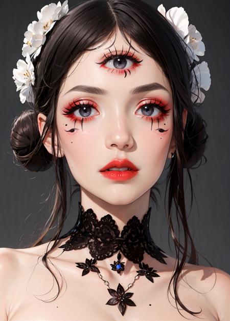 multiple_eyes, 1girl, looking at viewer, black hair, bare shoulders, upper body, hair bun, mole, black eyes, lips, mole under eye, double bun, makeup, lipstick, portrait, <lora:multiple_eyes-06:1>