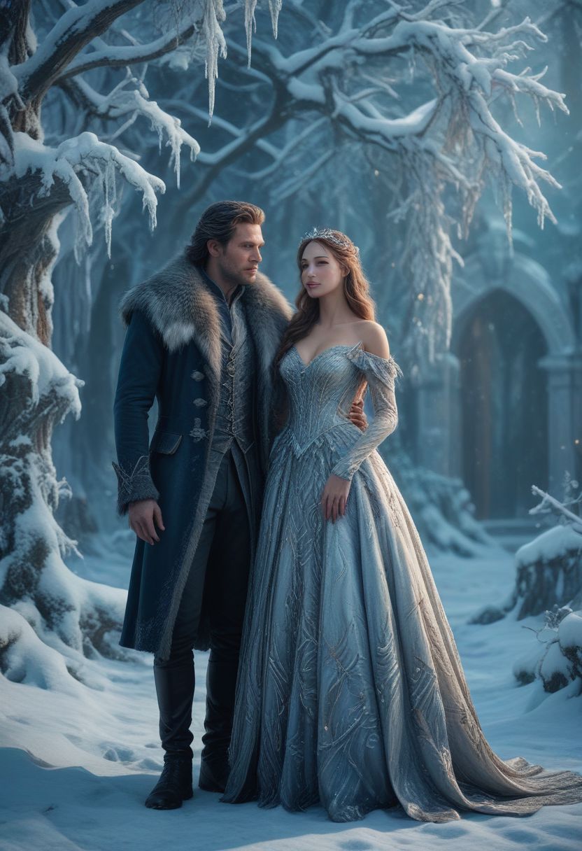 A man and a beautiful girl are depicted in full-length in a winter fairy tale setting through fantasy, realistic photography. The image boasts high detail, a cinematic quality, stunning visuals, hyper-realistic elements, sharp focus, high resolution (8k), and an insanely detailed presentation.