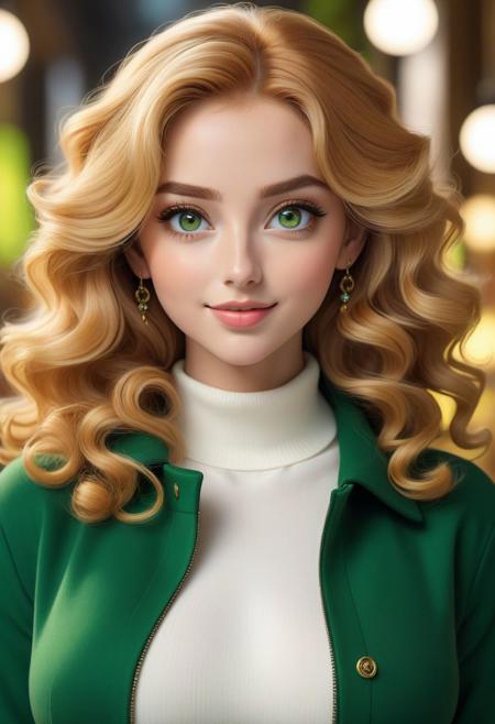 a woman with long blonde hair posing for a picture, ginger curly hair, green eyes, big breasts, large eyes,High-res, impeccable composition, lifelike details, perfect proportions, stunning colors, captivating lighting, interesting subjects, creative angle, attractive background, well-timed moment, intentional focus, balanced editing, harmonious colors, contemporary aesthetics, handcrafted with precision, vivid emotions, joyful impact, exceptional quality, powerful message, in Raphael style,beautiful detailed eyes,super detailed face and eyes and clothes, bright smile, round face,soft jawline
