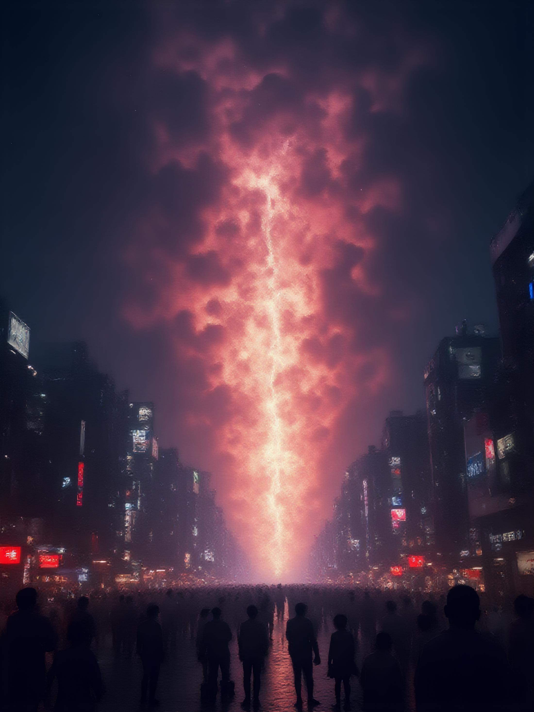 hyper realistic image of a massive other-worldy magical energy portal outlined with smoke and clouds, ripping space time fabric, with deep contrasting purple and orange colors in the sky, opening in middle of a densely populated public area like Shibuya Crossing with people looking towards the portal, all the screens in the area showing red warning signs, sky is filled with lightning and dark clouds