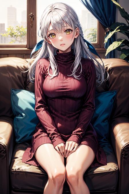 micaiah_(fire_emblem), 1girl, yellow eyes, solo, grey hair, half updo,  sweater dress ,turtleneck, sitting, on couch, facing viewer, <lora:micaiah-04:1>, living room  <lora:add_detail:0.7>