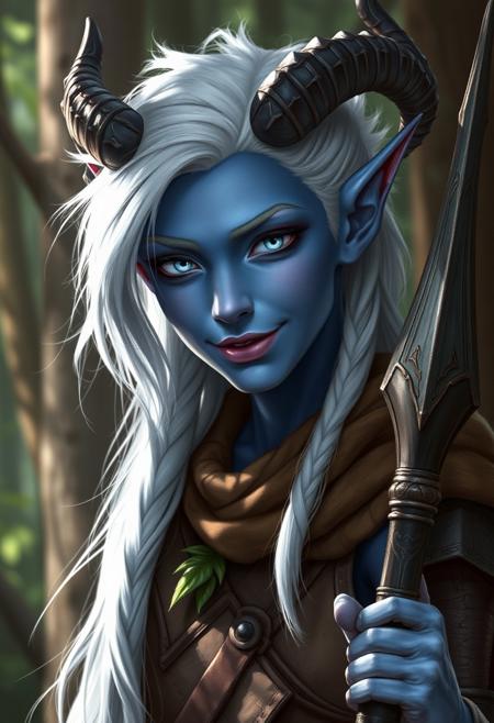 (((detailed, beautiful, high quality))), female tiefling, blue skin, white sclera, no iris, blank eyes, white hair, spiky hair, tomboy, demon horns, gentle smile, druid clothing, forest environment, holding druid staff