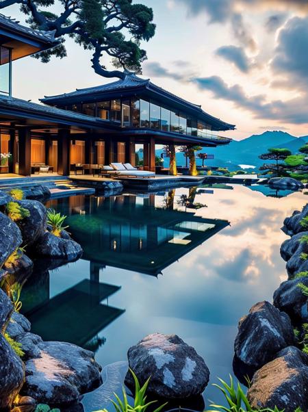 Chinese style hall, no humans, scenery, tree, sky, outdoors, cloud, lily pad, east asian architecture, day, architecture, pond, water, grass, rock, building, cloudy sky, blue sky<lora:Justin_Hill architecture_V150:0.9>,