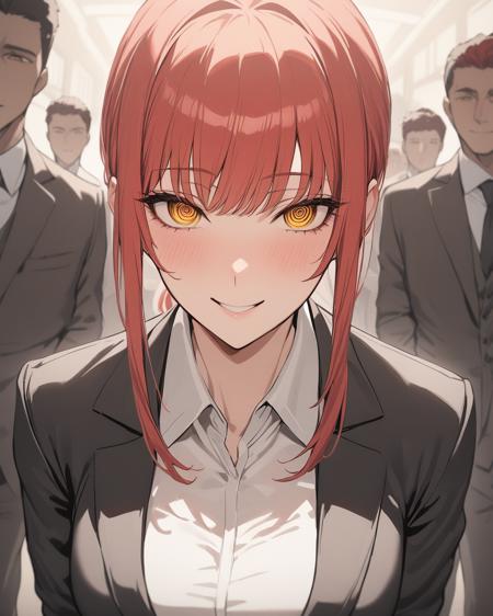 <lora:makima_lokr_sdxl_1200:1>, 1girl, looking at viewer, smile, bangs, shirt, red hair, yellow eyes, white shirt, sidelocks, red hair, multiple boys, solo focus, collared shirt, medium hair, formal, suit, ringed eyes
,  masterpiece, best quality