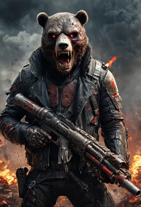 bear wearing a leather jacket, holding a ((((rocket launcher)))), face covered in (((blood))), roaring, demonic ((red eyes)), (((extremely))) menacing, portrait, half body, photorealistic, massive explosions in the background, (((exciting))) and ((((dynamic)))) framing, ((cinematic)) composition, bullet belt across the chest and an arsenal of different (((weapons))), samurai sword on his back, make him support the rocket launcher with his right hand, face ((damaged)) revealing metal skull underneath like terminator, perfect the ((((fine)))) detail, (((highlights))), (((shadows))), add ((atmospheric lighting)), add (((rich))) detail to the background to compliment the overall theme of the composition