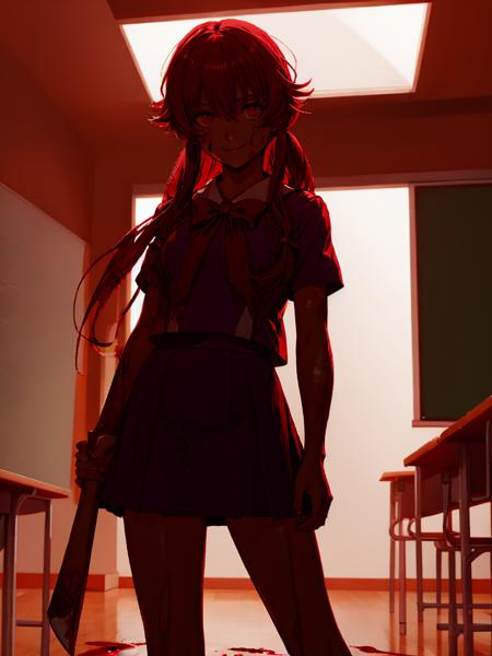 absurdres, highres, ultra detailed, megami magazine, (from below:1.2), daiagonal view, cowboy shot, classroom,
<lora:GasaiYunoV2_2-000009:1>  gasai yuno, school uniform, short sleeves, blue shirt, red bowtie, blue skirt, holding axe, looking at viewer, evil smile, glowing eyes, blood on face, blood on clothes, perfect hands, silhouette,
<lora:silhouette_v10:1> <lora:red_theme_v10_fix:1><lora:flat2:-0.5> <lora:flatBG:1> <lyco:envybetterhandsLocon_beta2:1.0> <lora:fineline-v2:1>