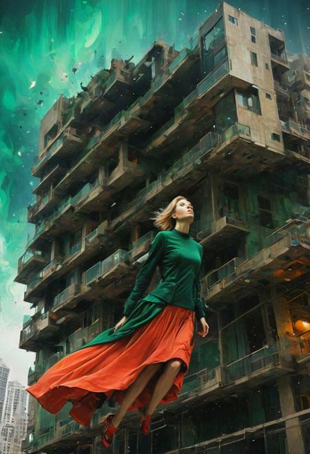 by Dom Qwek and Denys Lasdun,  (magnificent , Abstract Expressionism but extremely beautiful:1.4), (intricate details, masterpiece, best quality:1.4) , view from below, woman with flowing skirts flying between buildings, levitating, clothes like midnight full of stars, 
Cyberpunk style, neon, dystopian, futuristic, digital, vibrant, detailed, high contrast, reminiscent of cyberpunk genre, , looking at viewer, dynamic pose, red and petrol green hue
<lora:add-detail-xl:1> <lora:xl_more_art-full_v1:0.5>  <lora:NicolaSamori:0.5> in the style of nicola samori <lora:looking_at_viewer:2>