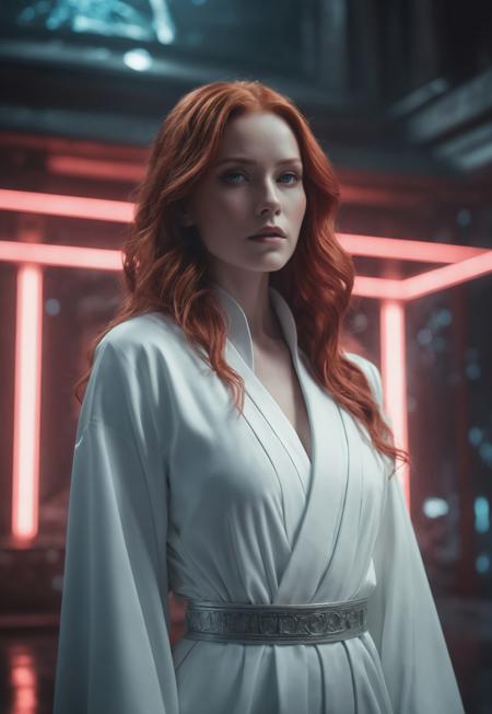 the 100-inspired, hologram of female emperor, white robe, futuristic temple, galactic leader, futuristic setting, natural beauty, cinematic film still, stunning eyes, light red hair, long hair, desaturated, dramatic lighting, desaturated background, bokeh, dark theme, soothing tones, depth of field, dramatic backlighting, film grain, Surreal Harmony, 8k uhd, high quality, hdr, sharp photography