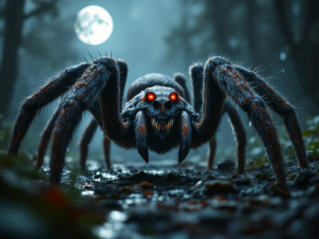 Close up  shoot of a giant  wolf spider  dramatic light . Night scene . Ultra details.