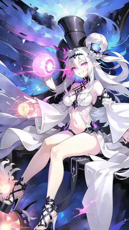 1girl, solo, white hair, abyssal ship, long hair, high heels, flower, breasts, navel, glowing, blue fire, detached sleeves, abyssal ship, hair ornament, pink eyes, pale skin, hair bun, glowing eye, dress, white dress, smile, white skin,  <lora:EmpressIIIV1-000008:0.7>, EmpressIII, sitting,