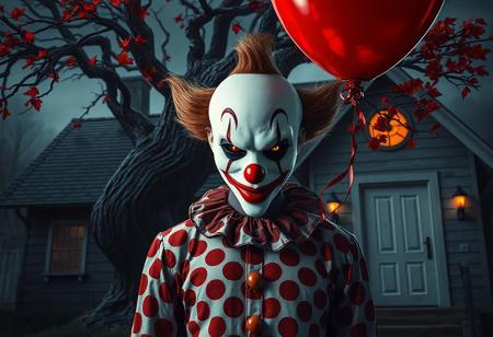 grimdark,dark fantasy,"Petren the Dark Clown stands center-frame, his white mask with crimson lips and nose glowing under dramatic stage lighting. The red-and-white polka dot shirt ripples slightly as he raises a crimson balloon, its string tangled with his shadow. Behind him, a twisted tree with glowing red leaves looms against a dark fantasy backdrop, while the house features a weathered gray roof and a pristine white door. Render in Unreal Engine 6 with splash ink textures, hyperrealistic skin tones, and sharp, intentional brush strokes. Capture the golden ratio composition, with Peten’s expressive, detailed eyes conveying both menace and whimsy. Include intricate mask patterns and a balanced foreground-background ratio, ensuring the clown’s figure dominates the scene while the balloon and tree add surreal depth."