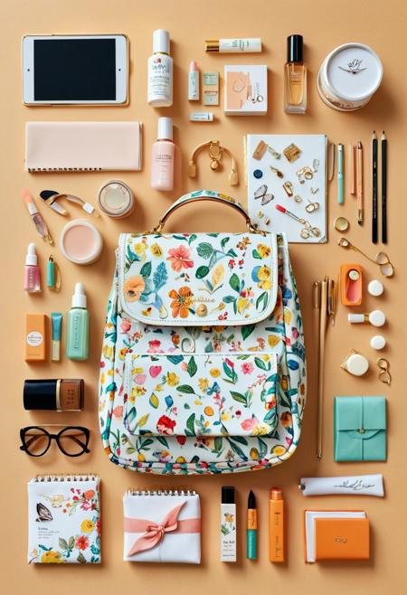 The knolling layout technique is utilized to create an illustration that depicts the contents of a lady's bag. This composition includes a variety of cute cosmetics, a notebook, stationery, a handkerchief, and a charming pouch, all artfully arranged and presented in a visually enticing manner.