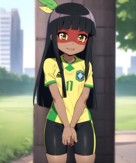 masterpiece, best quality, 1girl,  kuruminha, (shaded_face), feather_hair_ornament, dark_skin, bike shorts,
standing,  black_hair, smile, brazil soccer team yellow jersey, short sleeves, sidelocks, small_breasts, blunt_bangs, long_hair, solo, city,
<lora:Kuruminha_v1:0.8>
<lora:luckyStarStyleLora_offset:0.6>