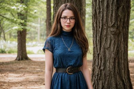 35mm film, one pretty european girl, solo, supermodel, long light brown hair, long wavy hair, pale skin, perfect face, small nose, blue eyes, lips, big tits, nice breasts, necklace, black frame glasses, short blue lace dress with a belt, white heeled shoes, looking at viewer, looking directly at viewer, a breathtaking forest view, offering panoramic views of majestic and sweeping trees, nature light, early spring season, full body view of girl, epiCPhoto, <lora:pytorch_lora_weights:0.5>, <lora:picxer_real:0.7>, <lora:FilmVelvia3:0.3>, <lora:more_details:0.6>