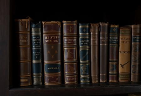 cinematic, a picture of old books in a dark wood shelf, 18th century forniture, with titles related to magic, the books belong to a wizard.