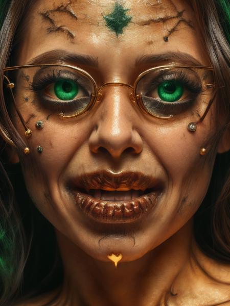 extreme (closeup:1.6) RAW photography, Pure golden eye beautiful Face of mythical (half angel:0.2799999999999999) (half devil:0.8200000000000001) lady (upclose:1.6) spooky and supernatural green patches on face with awesome (halloweentechto glasses) <lora:halloweenTech:1.12>, (scream:0.8200000000000001), (trick:0.8200000000000001), (ugly:0.8200000000000001), (abomination:0.8), (horror:0.8200000000000001), (teeth:0.8200000000000001), (smile:0.19999999999999996), (treat:0.19999999999999996), (cleavage:0.3599999999999999)