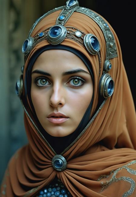 35mm photo by Steve McCurry, futuristic future setting, iranian woman, stunning iranian woman, ultra-detailed skin, detailed eyes with intricate pupils, advanced futuristic clothing, intense and captivating expression, top-quality resolution