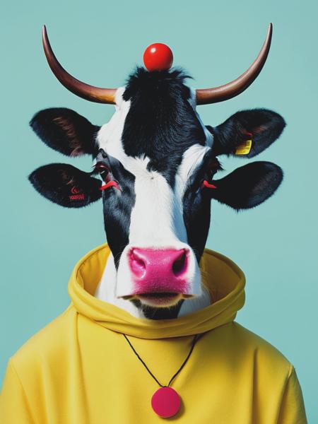 <lyco:YohNagao:1.0> whimsical fashionable cow character, imaginative avantgarde outfit, plain colored background by tove jansson, wieslaw walkuski, yoh nagao and alessandro gottardo