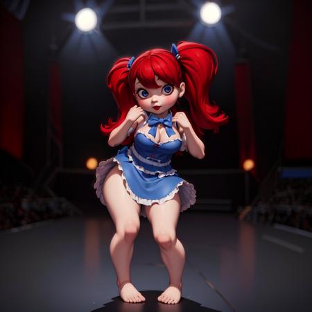 ((masterpiece, best quality)),1girl,full body,  solo, looking at viewer,  dark atmosphere , breast, <lora:Poppy Doll v3:0.85> Poppy Doll, shortstack,red hair, blue dress,shortstack, sfw , on stage,mature,