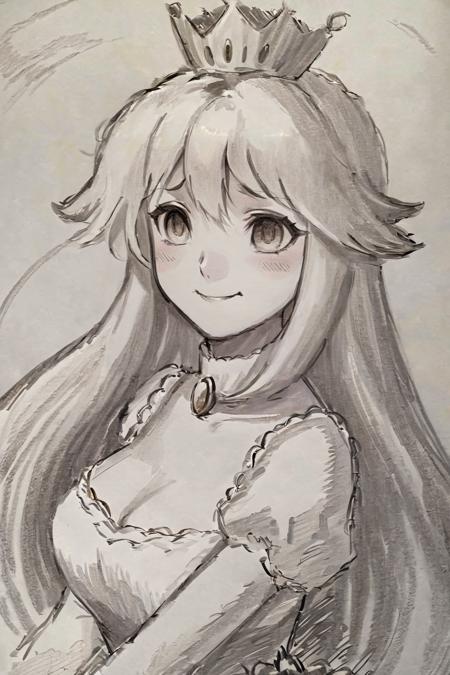 ((masterpiece, best quality)),  pretty eyes,  detailed face, 
(Pencil_Sketch:1.2,  messy lines,  greyscale,  traditional media,  sketch),  unfinished,  hatching (texture),  ((masterpiece, best quality)),  absurdres,  ,  Boosette_Mario,  1girl,  long hair,  white hair,  long white dress,  ballroom dress,  white gloves,  solo,  smiling,  blushing,  looking at viewer,  cowboy shot,<lora:EMS-150400-EMS:1.000000>,<lora:EMS-150722-EMS:0.600000>