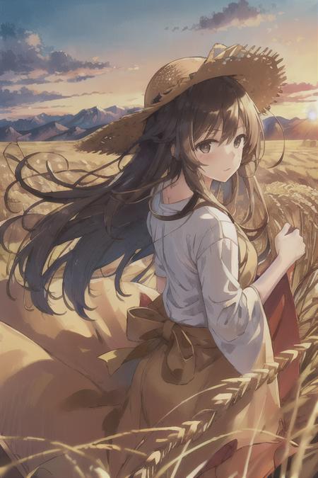 (((high detail))), best quality, 1girl,full frame, working in the golden wheat field, straw hat,dark brown long flowing hair blowing in the wind, mountains in the far background, sunset