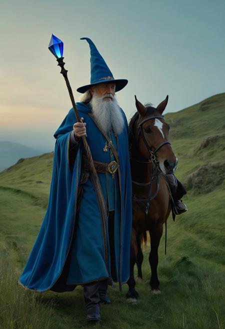 realistic, extremely high quality RAW photograph, intricate, Exquisite details and textures, highly detailed, ultra detailed photograph, 4k, high resolution, an old wizard with a grey beard, a blue pointed hat, a blue wizard cape, a wooden scepter with a blue gem set in it, a wizard riding a brown horse, a horse riding on a green hill at dusk