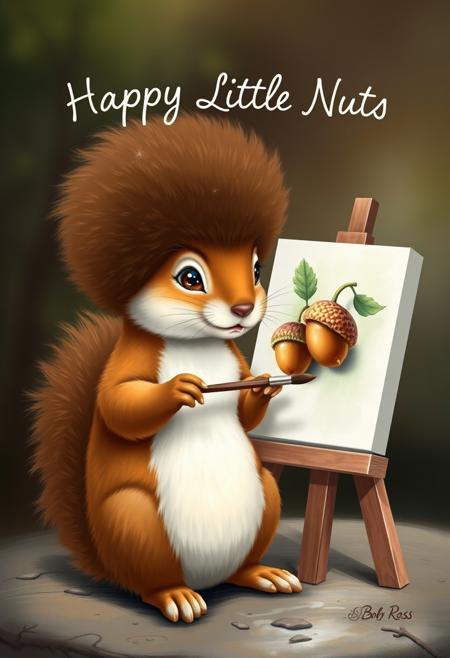"Whimsical and serene image of a squirrel with the likeness of Bob Ross, complete with his iconic afro, which is depicted as a fluffy, curly tuft of fur on top of the squirrel's head. The squirrel is sitting in front of an easel, holding a tiny paintbrush in its paw, and gazing lovingly at the canvas. The canvas features a beautiful painting of two acorns, rendered in a soft and gentle style reminiscent of Bob Ross's signature wet-on-wet technique. At the top of the image, the phrase "Happy Little Nuts" is written in a flowing, cursive script, as if it were painted there by the squirrel itself. The squirrel's fur is depicted in a soft, fluffy texture, and its eyes are shining with a warm and gentle light. The afro is perfectly coiffed, with a few stray hairs escaping to add to the squirrel's endearing and eccentric appearance. The background of the image is a soothing blend of earthy tones, with hints of green and brown that evoke the natural world. The overall mood of the image is one of peacefulness and tranquility, as if the squirrel is lost in the joy of creating something beautiful. Style: whimsical, serene, and highly detailed, with a focus on capturing the gentle and soothing atmosphere of the scene."