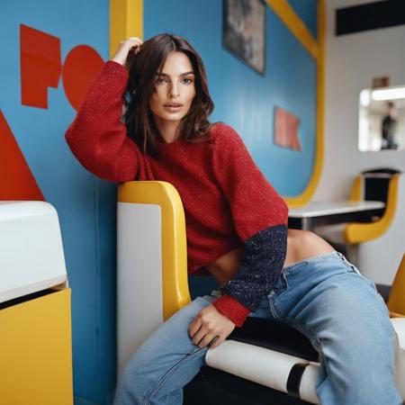 cinematic photo RAWphoto \(medium\), (emrata woman:1) \(subject\), in a (red crop sweater and jeans) \(clothing\), simple background, highres, best quality, full sharp, 4 k photography <lora:emrata_v2:1.0> . 35mm photograph, film, bokeh, professional, 4k, highly detailed