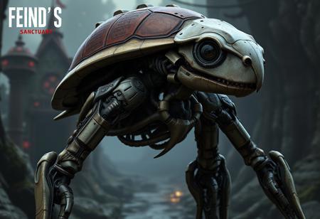 A detailed, lifelike robot design, with mantid features and an anthropomorphic turtle appearance, set against a Fiend's Sanctuary background. The robot is emaciated and modeled in Blender, with a cybernetic eye and potential resident evil virus concept. This design is influenced by the style of artists such as Tooth Wu, Wlop, Beeple, and Greg Rutkowski, and could be featured in Outer Wilds or trending on Artstation.