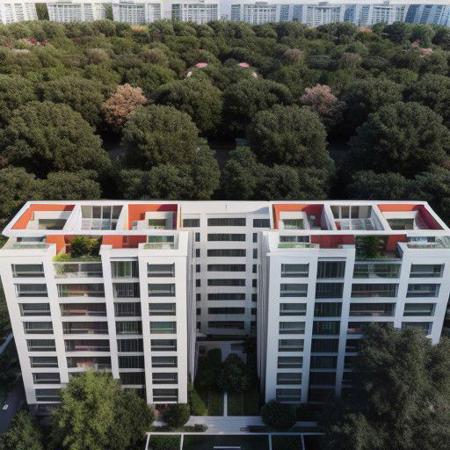 RAW photo of a complex of many residential 9-floor high buildings, surrounded by trees and roads, common garden, birds-eye view, 1man, flower, bush, render, matte colored facade, entire building, wide shot, architectural view, 8k uhd, dslr, soft lighting, high quality, film grain, Fujifilm XT3,  <lora:lan_architecture_visualization:0.82>