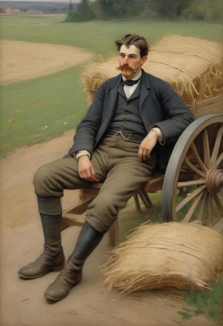 impressionist painting with rough brush strokes by Berthe Morisot, full portrait of drunk farmer with moustache sleeping on hay wagon seat, 17th century farmer, work clothes, toned body, , chiseled cheeks, short messy hair, muddy boots, early evening sunlight