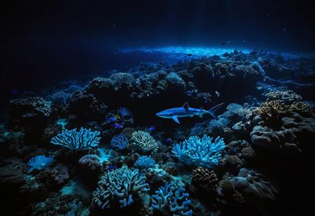 Underwater photograph of a blue bioluminescent glowing coral reef at night, silhouette of a lone shark hidden in the dark