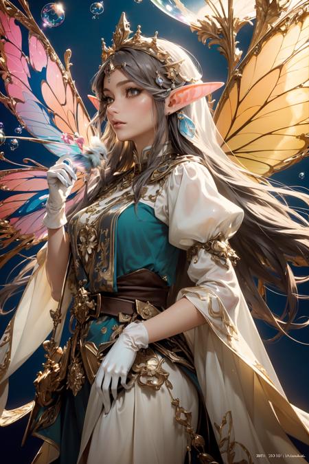 (Masterpiece, Top Quality, Best Quality, Official Art, Beauty Aesthetics :1.2),(Fractal Art :1.3),(1girl),(elf floating in a bubble:1.4),detailed diadem,extremely detailed clothes,(white gloves, white sleeves:1.2),(beautiful fairy wings:1.2),in the sky,detailed cloud,sunny day,(colorful:1.2),highest detailed,high contrast,cinematic light,,<lora:Plastic raincoat_V1.0:0.5>,<lora:bj_Elf:0.5>,