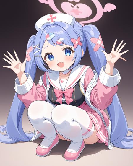 hanae \(blue archive\),1girl, solo, twintails, mismatched_legwear, halo, nurse_cap, squatting, fang, armband, pink_jacket, sleeves_past_wrists, striped, hands_up, blush, open_jacket, feet_out_of_frame, hairclip, white_headwear, white_sailor_collar, :o, shirt, crossed_bandaids, open_mouth, looking_at_viewer, puffy_long_sleeves, white_thighhighs, pink_bow, dress, skirt
<lora:hanae_(blue_archive)_image534_2023-11-26:1>halo. gorgeous,key visual, vibrant, studio anime,award-winning, professional, highly detailed,high budget, cinemascope