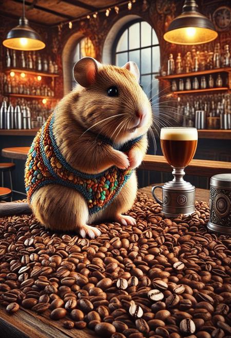 hamster, drinks a coffee, sitting at the bar, detailed background, artistic, look at the viewer, rating safe, fantasy background, colorfull, coffee beans