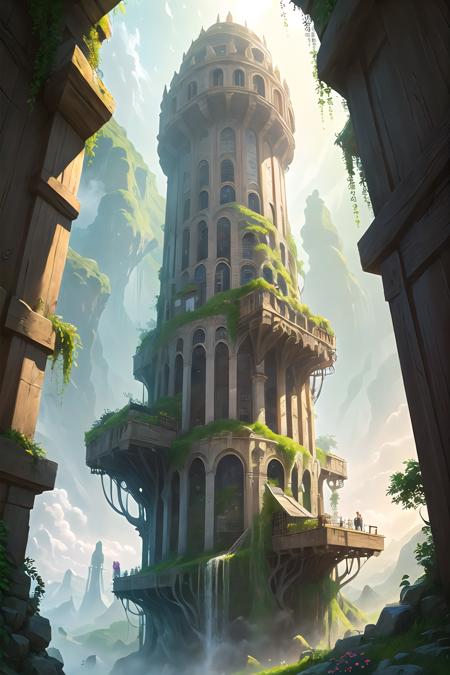 hires,high resolution, intricate, (detailed background), masterpiece, best quality, scenery, <lora:Grand Scale:1>, plains,singe stone watch tower,  (from below:1.2), overgrown, plants, flowers, close up