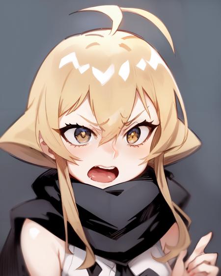 <lyco:ZuntaStyle-NAI-LyCORIS:0.8>1girl, solo, hair between eyes, blonde hair, scarf, bangs, open mouth, v_eyebrows, annoyed, ahoge