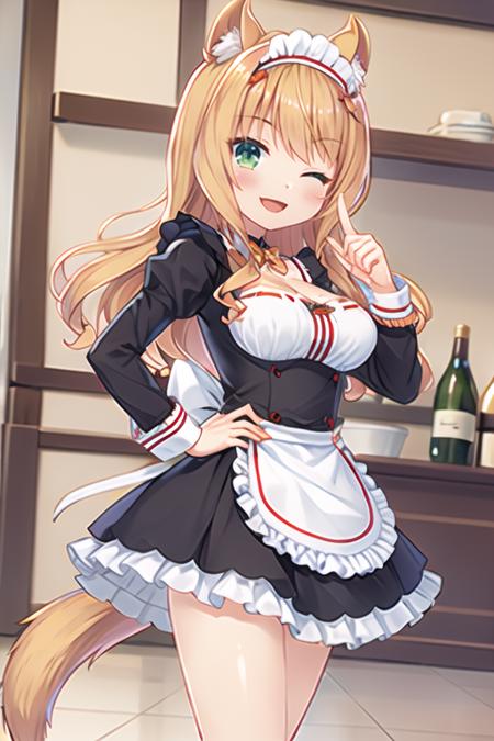 <lora:super-nekofeng-v7:0.9>,orange_maid,solo, 1girl, one eye closed, long hair, smile, open mouth, tail, green eyes, animal ears, cat ears, ;d, hand on hip, maid headdress, dress, breasts, indoors, looking at viewer, bell, cat tail, long sleeves, cat girl, blush, animal ear fluff, index finger raised, medium breasts