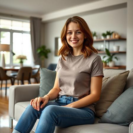 Hyperrealistic photoshot: (Kelly is sitting on the couch in a modern furnished living room, wearing t-shirt and jeans, smiling, 32 years old, brown medium-length hair, average figure, small breasts),