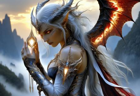 Dark fantasy painting of a stunning half-dragon woman, her piercing, slit-pupiled eyes glow with an otherworldly golden light, reflecting her draconic heritage. Delicate horns curve gracefully from her forehead, adorned with intricate jewelry and runes. Long, flowing hair cascades down her back, resembling dragonfire in color (deep reds, silvers and blues). She wears a regal yet fierce outfit, blending armor-like elements with flowing fabrics, suggesting both nobility and power. A pair of majestic, leathery wings unfurl behind her, and her fingers end in sharp, elegant claws. The background is a mystical landscape, enhancing her mythical presence. OBxiaoxiang, G0thicL1nes, R3alisticF, D3tailedP0rtraits
high detail realistic skin texture, skin pores, masterpiece, cinematic quality, bokeh, depth of focus, realistic fantasy photo, gorgeous aesthetic, in the style of Luis Royo and Milo Manara