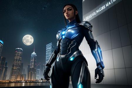 intricately detailed photograph of a gorgeous ((futuristic)) super-soldier of ambiguous ethnicity named Ava, detailed realistic eyes, detailed hair, detailed skin, wearing (sleek high-tech:1.1) power armor, appealing, eye-catching, aesthetic, (stunning shiny (advanced) outdoor nighttime future city:1.1), incredible metal buildings, impossibly tall ultramodern skyscrapers, full moon, stars, (amazing background:1.2), (vibrant colors), 8K, UHD, HDR, ultra-hd, cinematic, volumetric, dramatic, epic, realistic, breathtaking, impressive, high quality, best quality, masterpiece, (((anime))), (((cartoon))), (unreal engine 5), (raytracing)