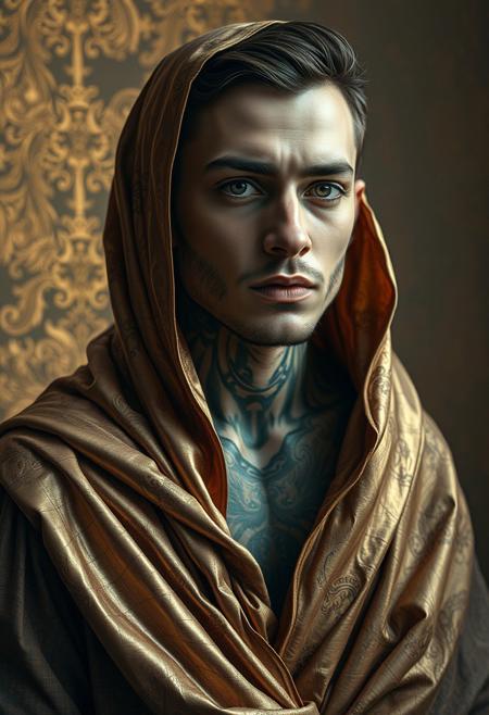 A surreal composition where a modern, tattooed figure is wrapped in a metallic, Byzantine-style robe, their face photorealistically detailed but their surroundings textured and abstract, fading into warm gold leaf effects.hyper-realistic street art with ethereal fine-art elegance, dramatic cinematic lighting with soft painterly textures, muted urban tones blending into rich gilded backgrounds, contemporary figures with classical melancholic expressions, gold leaf accents and surreal abstract elements