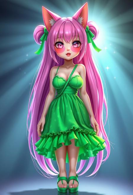 Realistic anime. 3d Pixar , Cat girl with neon pink hair that reaches the floor, sparkling pale pink eyes, voluptious, big boobs, wearing a short, slutty, green sundress with a ridiculous amount of frilly ruffles on the hem, cleavage, cute face, ribbons in hair, green Mary Jane shoes, green cross body purse,  glow, god rays, ethereal, dreamy, heavenly, otherworldly, dream-like, breathtaking, captivating, divine, Bioluminescent,