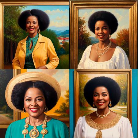 ((best quality)), ((masterpiece)), ((realistic)), vintage Afro-Caribbean woman, elegant attire, 1950s fashion, radiant smile, confident stance, cultural pride, (oil painting:1.2), (Lois Mailou Jones:1.1), (Kadir Nelson:1.1), vivid colors, nostalgic background, authentic vintage feel, (portrait composition:1.3), (high-resolution:1.2)