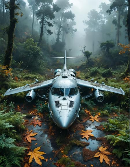 A plane crash in a remote wilderness. A cosmic fantasy scene unfolds as a large commercial airplane, its body twisted and broken, lies in the midst of a dense forest. The planes metallic exterior is a stark contrast to the surrounding greenery. The sky above is a deep, ominous blue, filled with swirling clouds that hint at the chaos that once was. The forest floor is a carpet of fallen leaves and branches, scattered haphazardly around the crash site. The scene is a blend of the mundane and the fantastical, a testament to the power of nature and the fragility of humanmade machines.