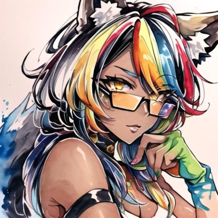 masterpiece, 1girl, wolf ears, animal ear fluff, tail, dark skin, orange hair, yellow eyes, glasses, office lady,  <lora:inkpun:0.9> inkpun,  paint splatter, splatter,dripping,  colorful, watercolor (medium) DarkSkin_Style