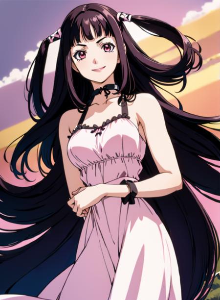 1girl,solo,black hair,smile,breasts,ribbon,long hair,two side up,hair ribbon,pink eyes,twintails,medium breasts,looking at viewer,bangs,blunt bangs,lipstick,<lora:RubyT-011:0.8>,(barn background:1.2),(night gown :1.2),(Standing with one leg bent :1),